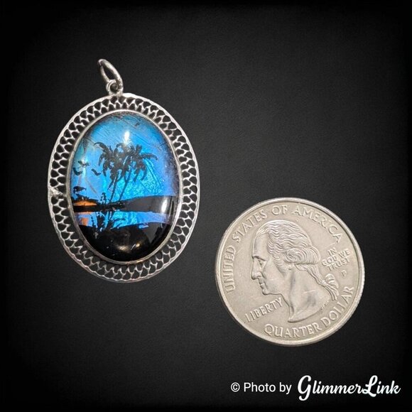VTG Butterfly Wing Tropical Beach Scene Sterling Silver Oval Filigree Pendant - Picture 4 of 7